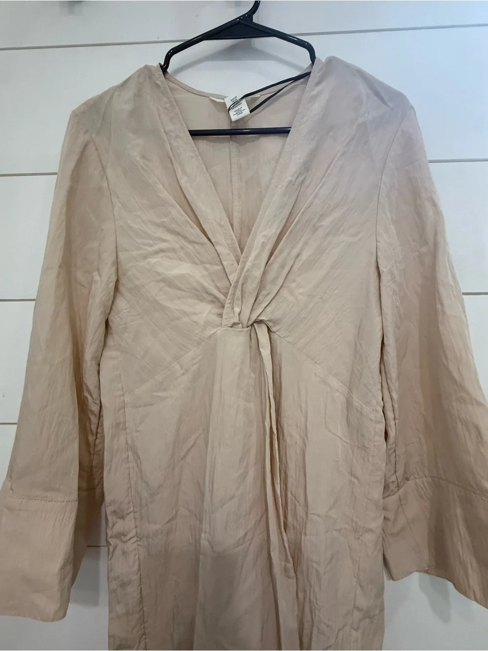 H&M Beige Twist Front Midi Dress V-Neck Bell Long Sleeve A-Line XS - Picture 4 of 7